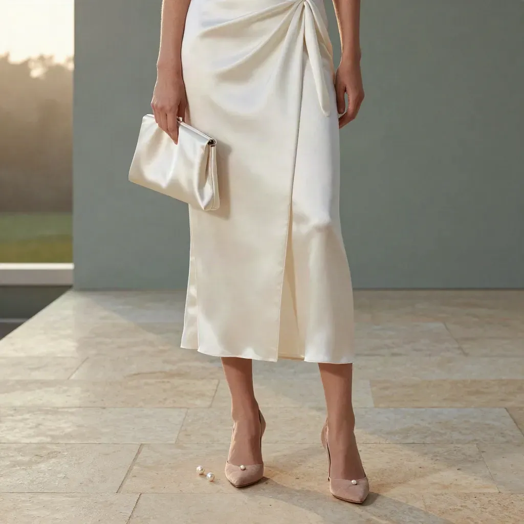 Pearl satin midi dress with silk wrap, clutch, heels and pearl studs on wet limestone in soft 5:20 pm light.