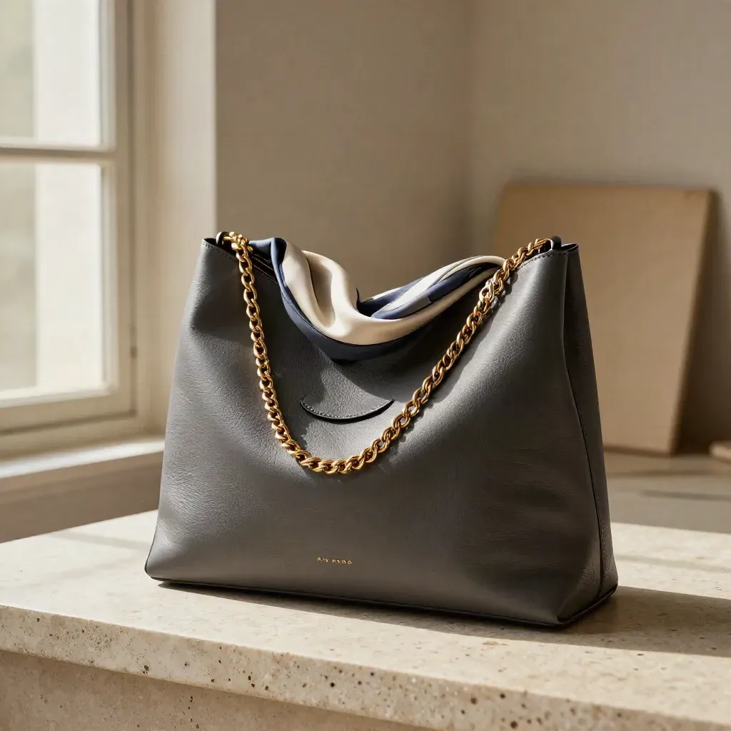 Charcoal leather chain tote on travertine ledge with silk scarf and wallet, softly lit