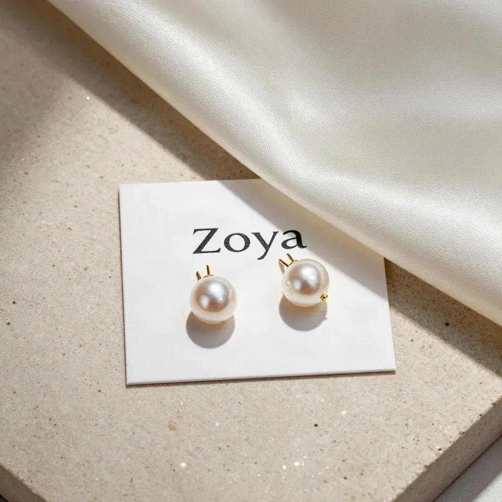 Pearl stud earrings on a clasp card with folded silk, overhead on stone.