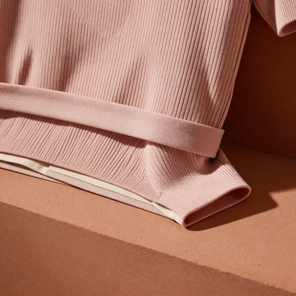 Blush rib-knit top rolled with waistband and belt in a tight top-down macro on terracotta plaster.