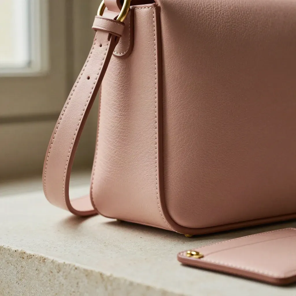 Macro blush leather crossbody bag details with strap, scarf loop and card case on pale stone.